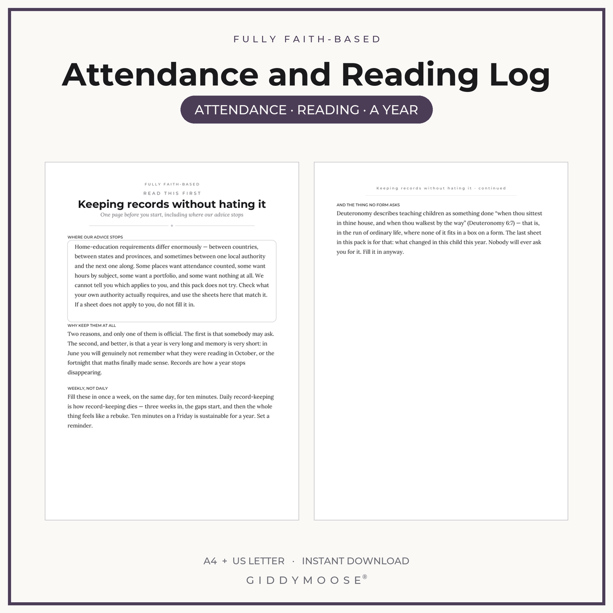 Editable Homeschool Attendance and Reading Log Printable