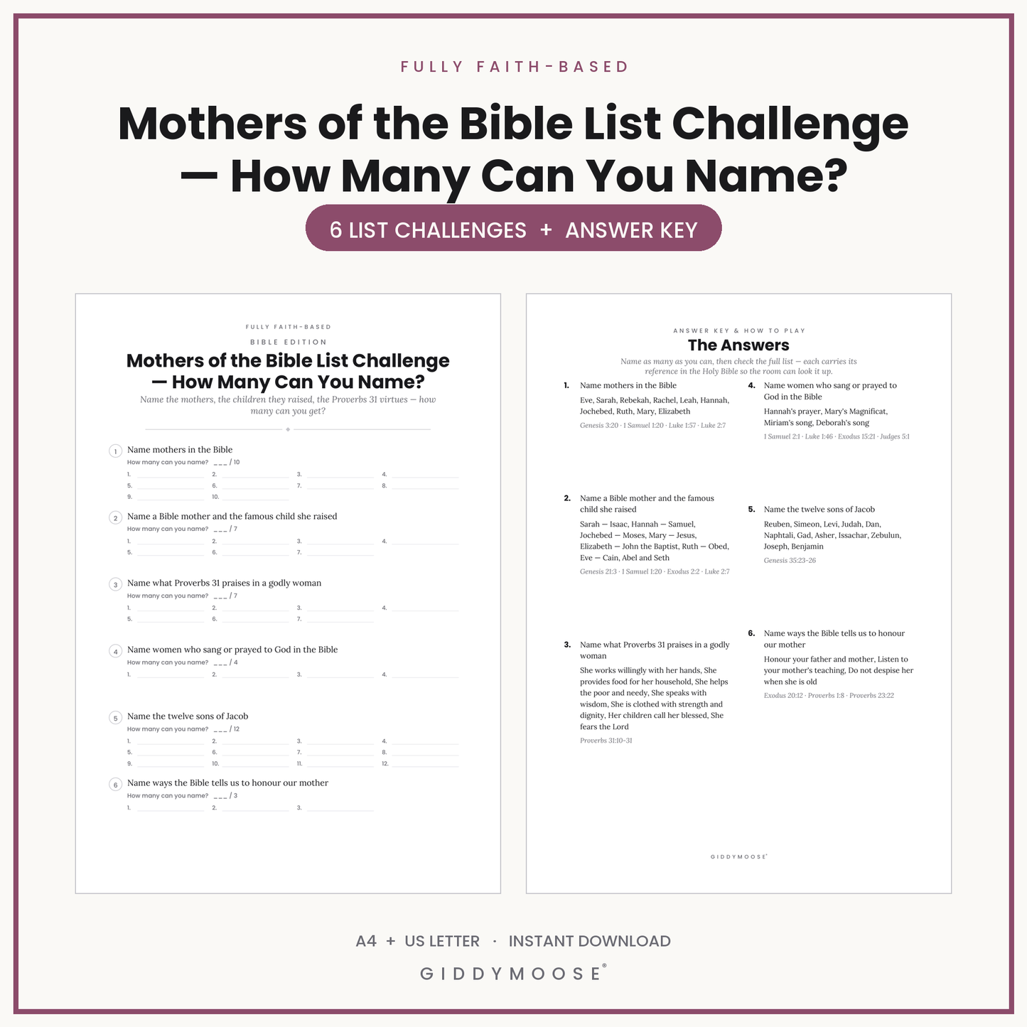 Mothers of the Bible List Challenge Printable