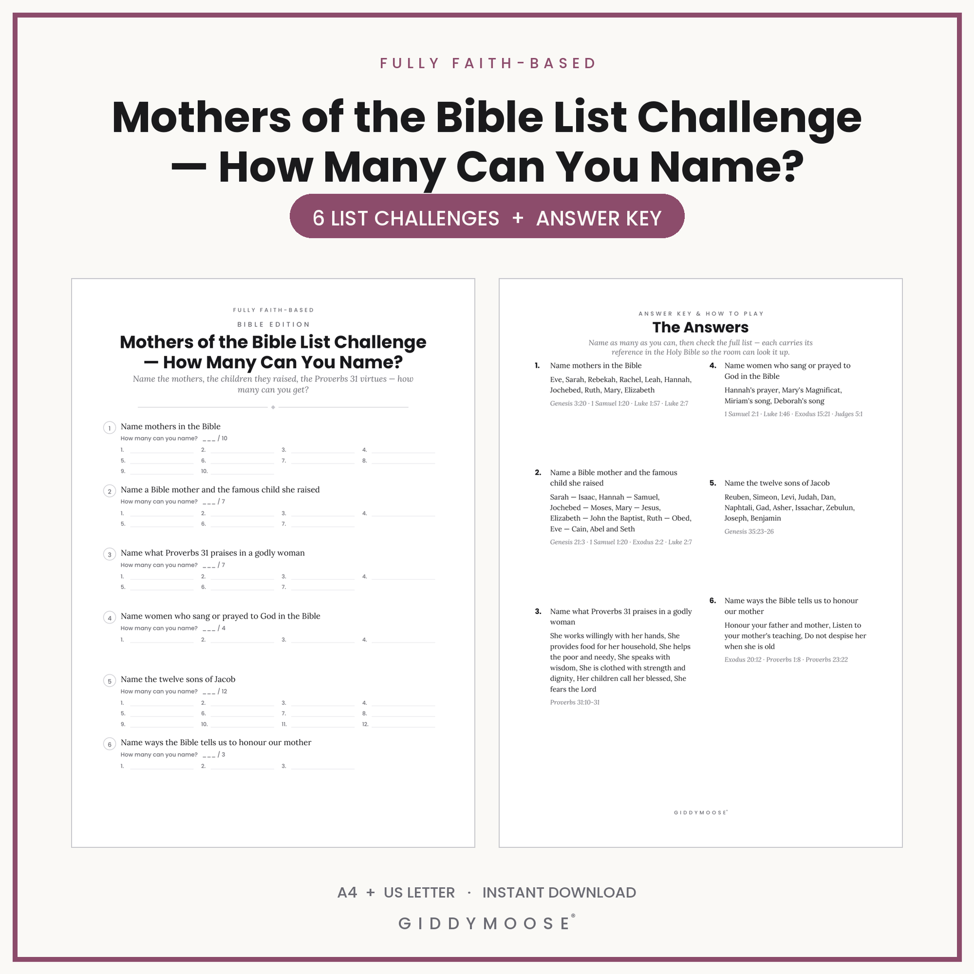 Mothers of the Bible List Challenge Printable