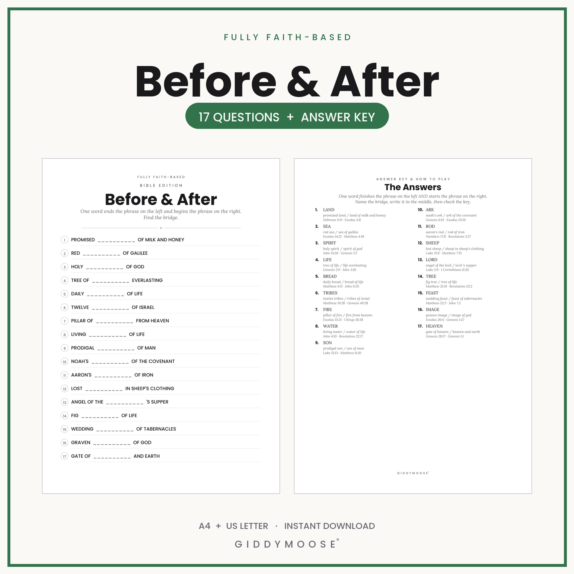 Bible Before and After Word Game Printable