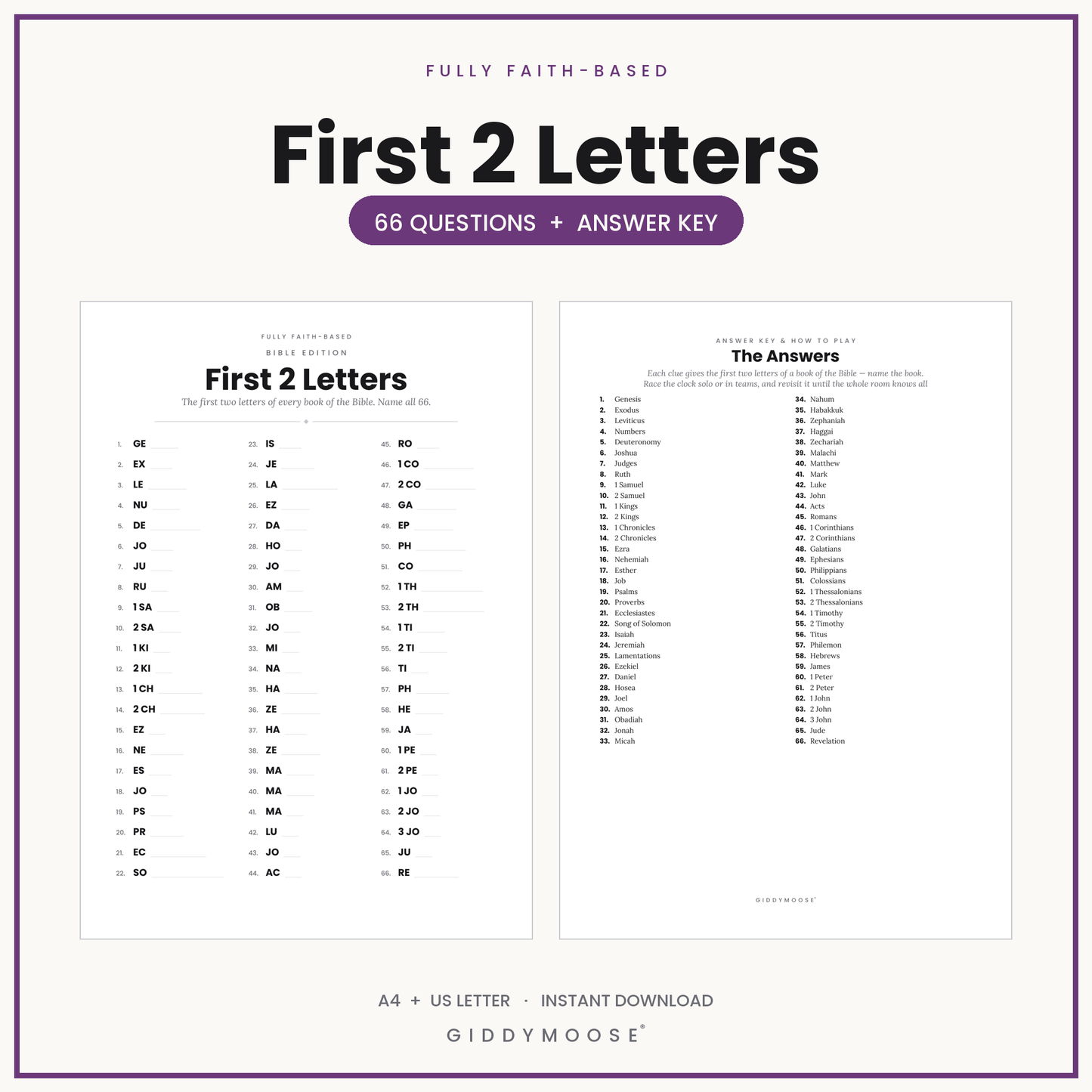 Books of the Bible First 2 Letters Game Printable