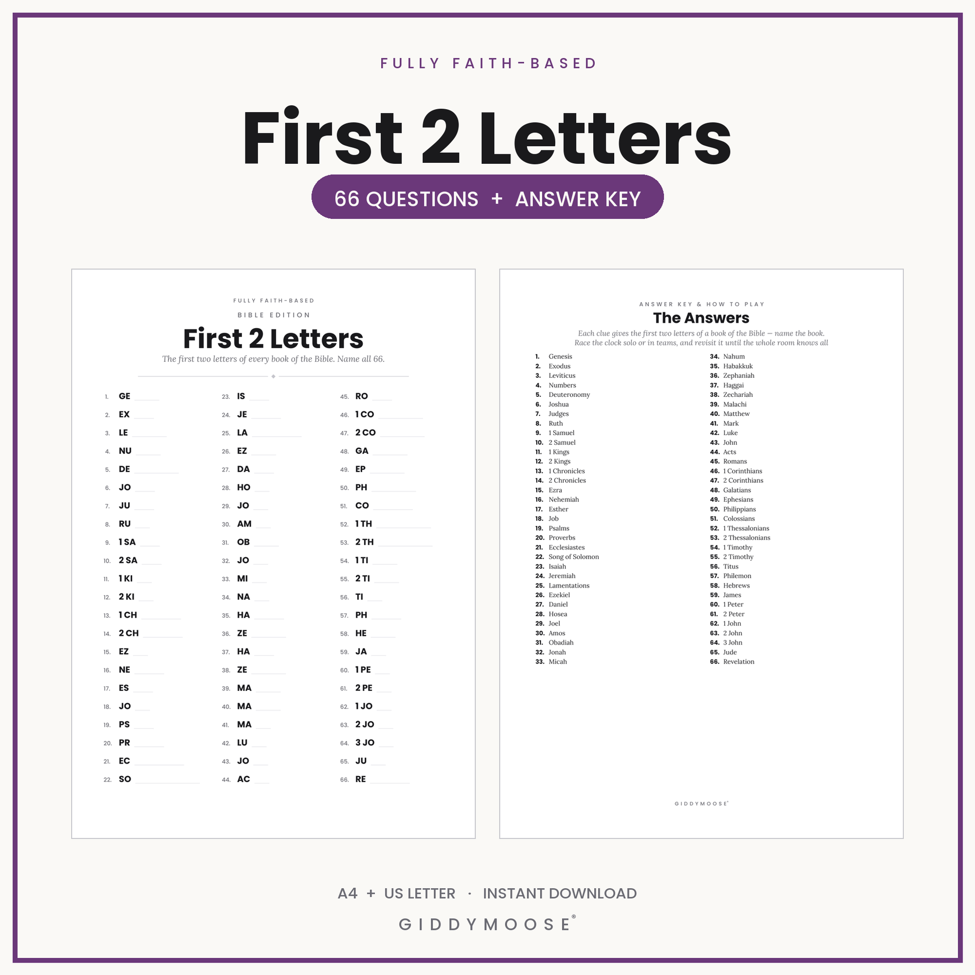 Books of the Bible First 2 Letters Game Printable
