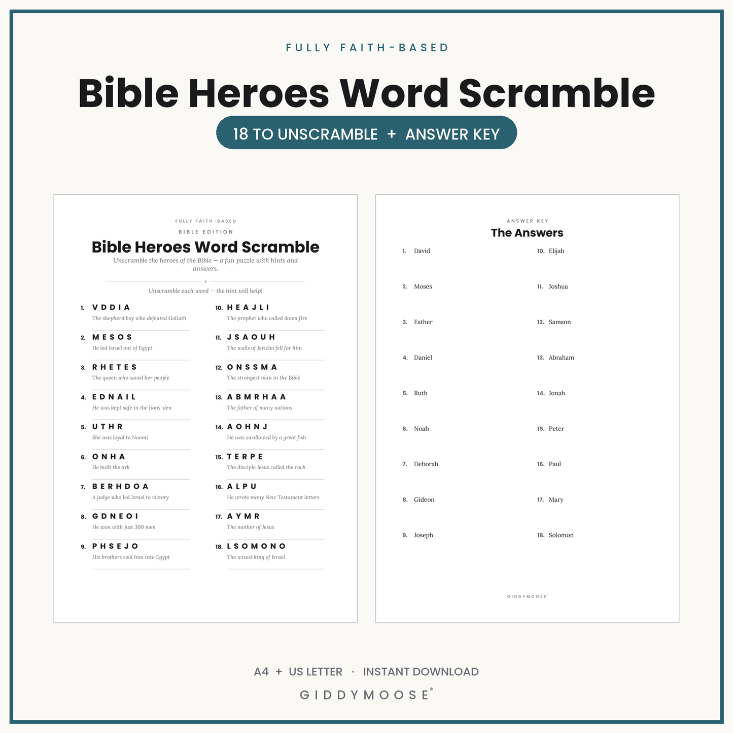 Bible Heroes Word Scramble Printable