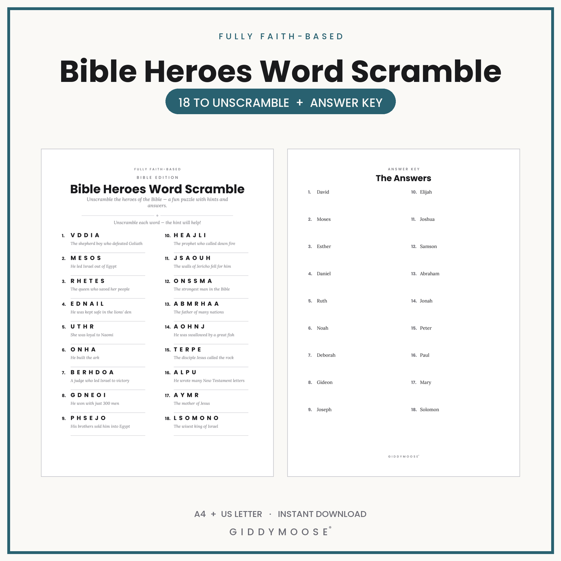 Bible Heroes Word Scramble Printable