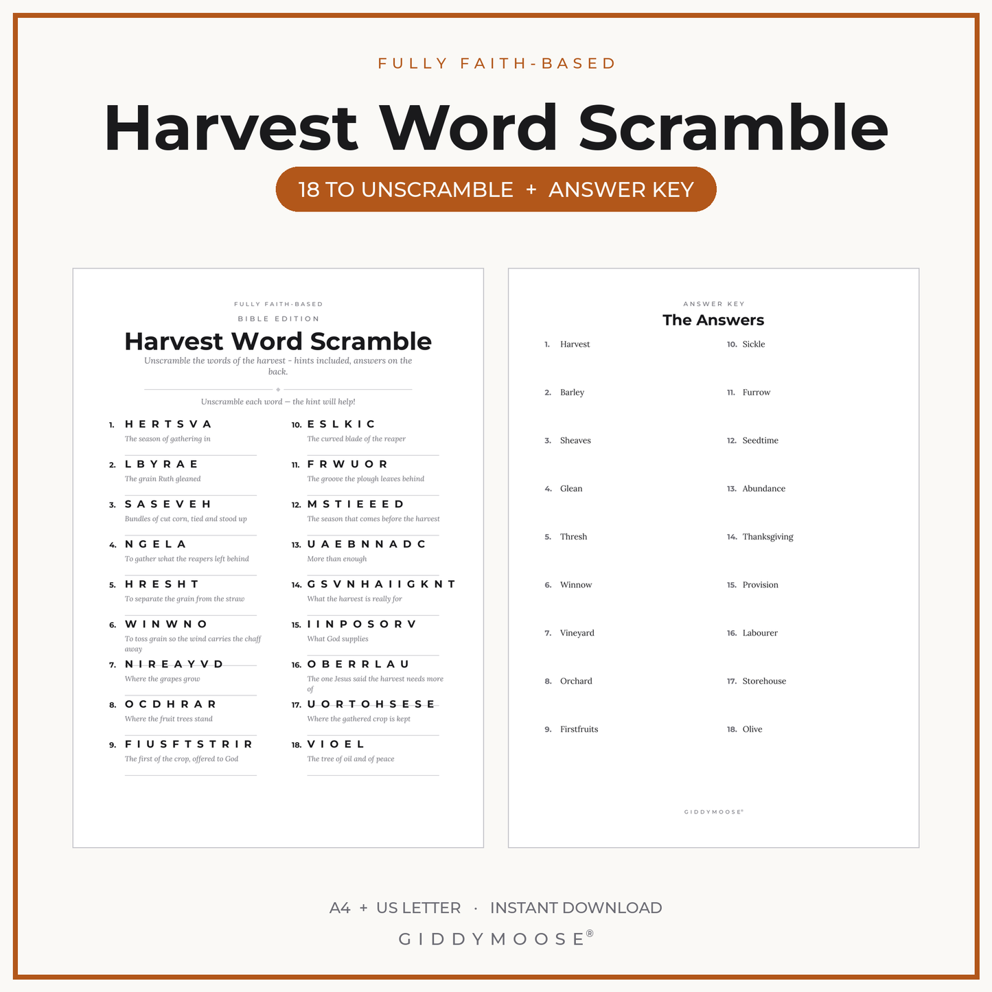 Harvest Word Scramble Printable