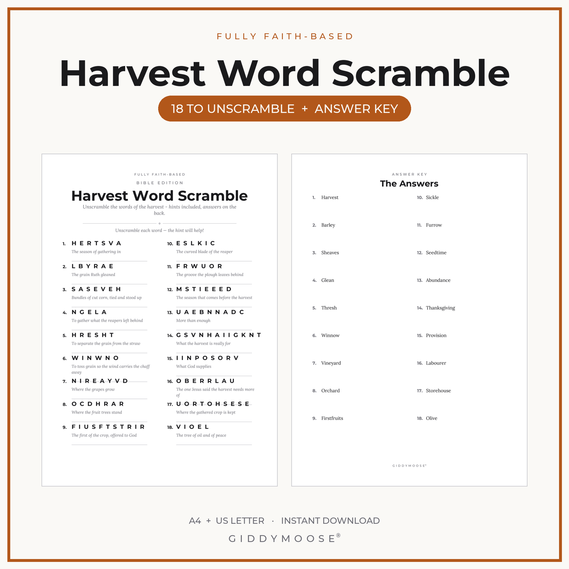 Harvest Word Scramble Printable