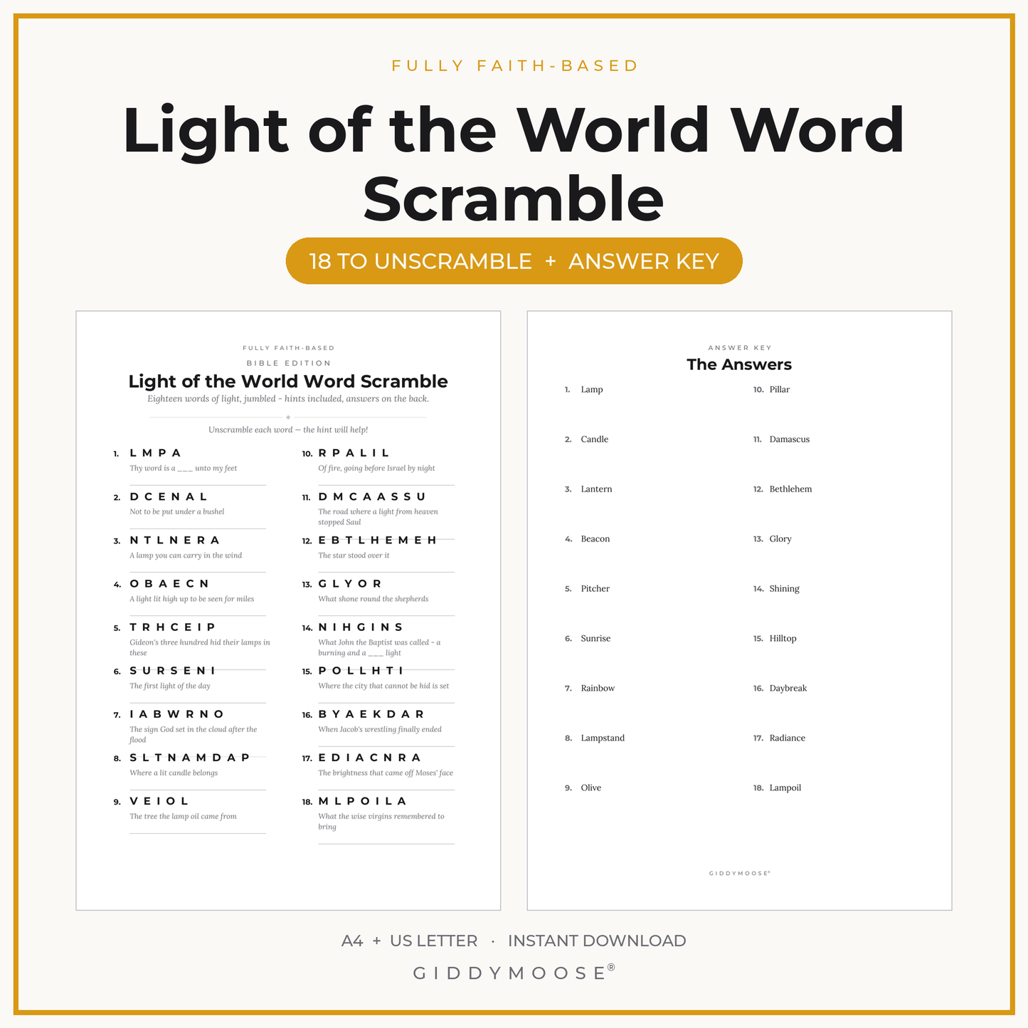 Light of the World Word Scramble Printable