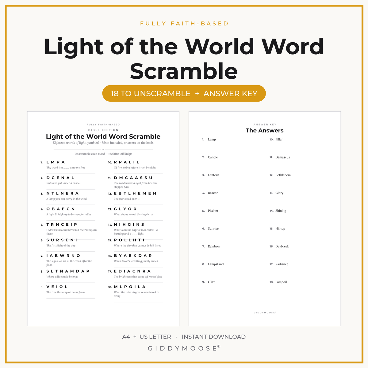 Light of the World Word Scramble Printable