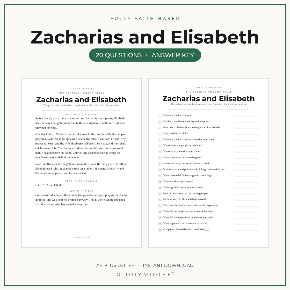 Zacharias and Elisabeth Bible Trivia Printable