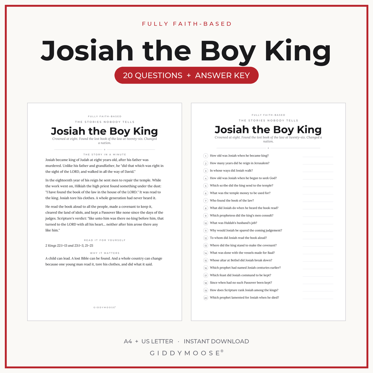 Josiah the Boy King Bible Trivia Printable