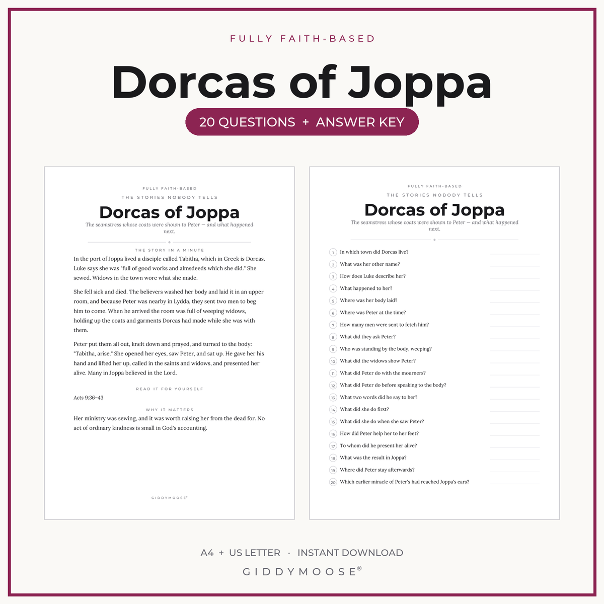 Dorcas Tabitha Bible Trivia Printable