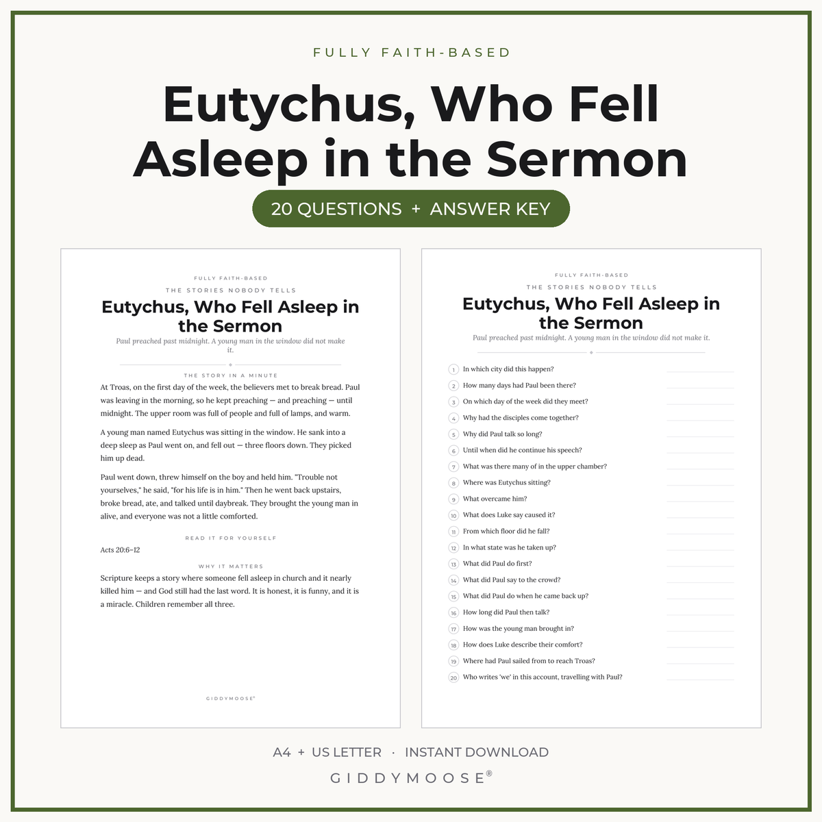 Eutychus Bible Trivia Printable