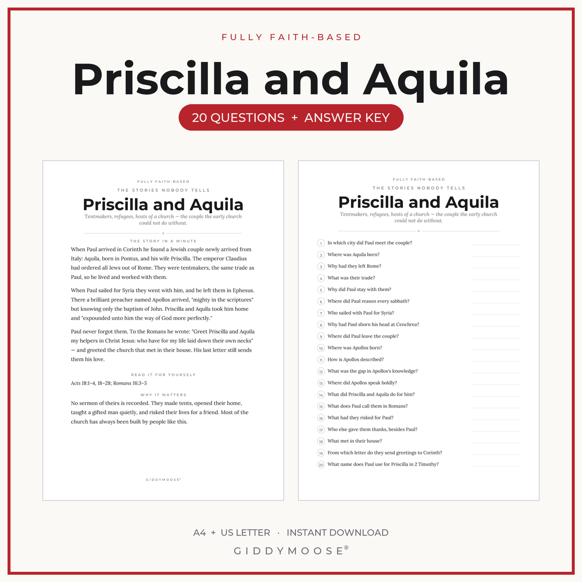 Priscilla and Aquila Bible Trivia Printable