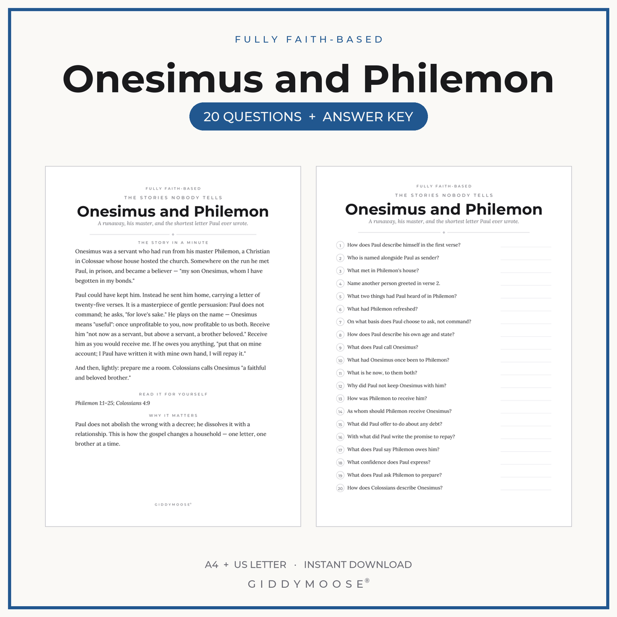 Onesimus and Philemon Bible Trivia Printable