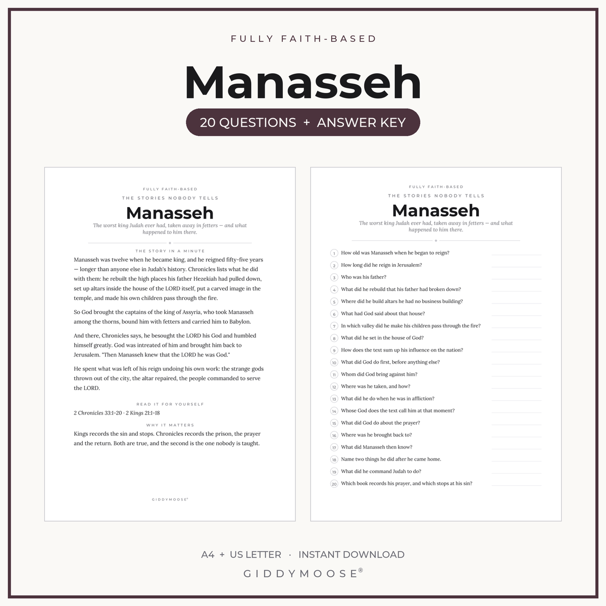Manasseh Bible Trivia Printable