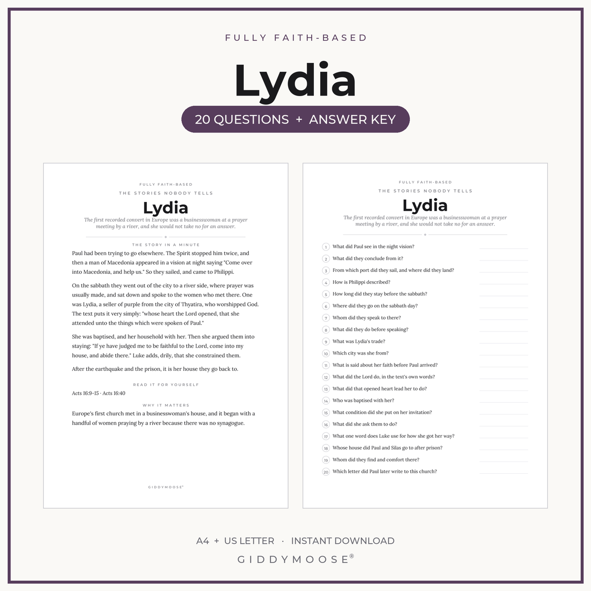 Lydia Bible Trivia Printable