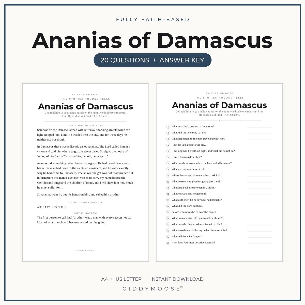 Ananias of Damascus Bible Trivia Printable