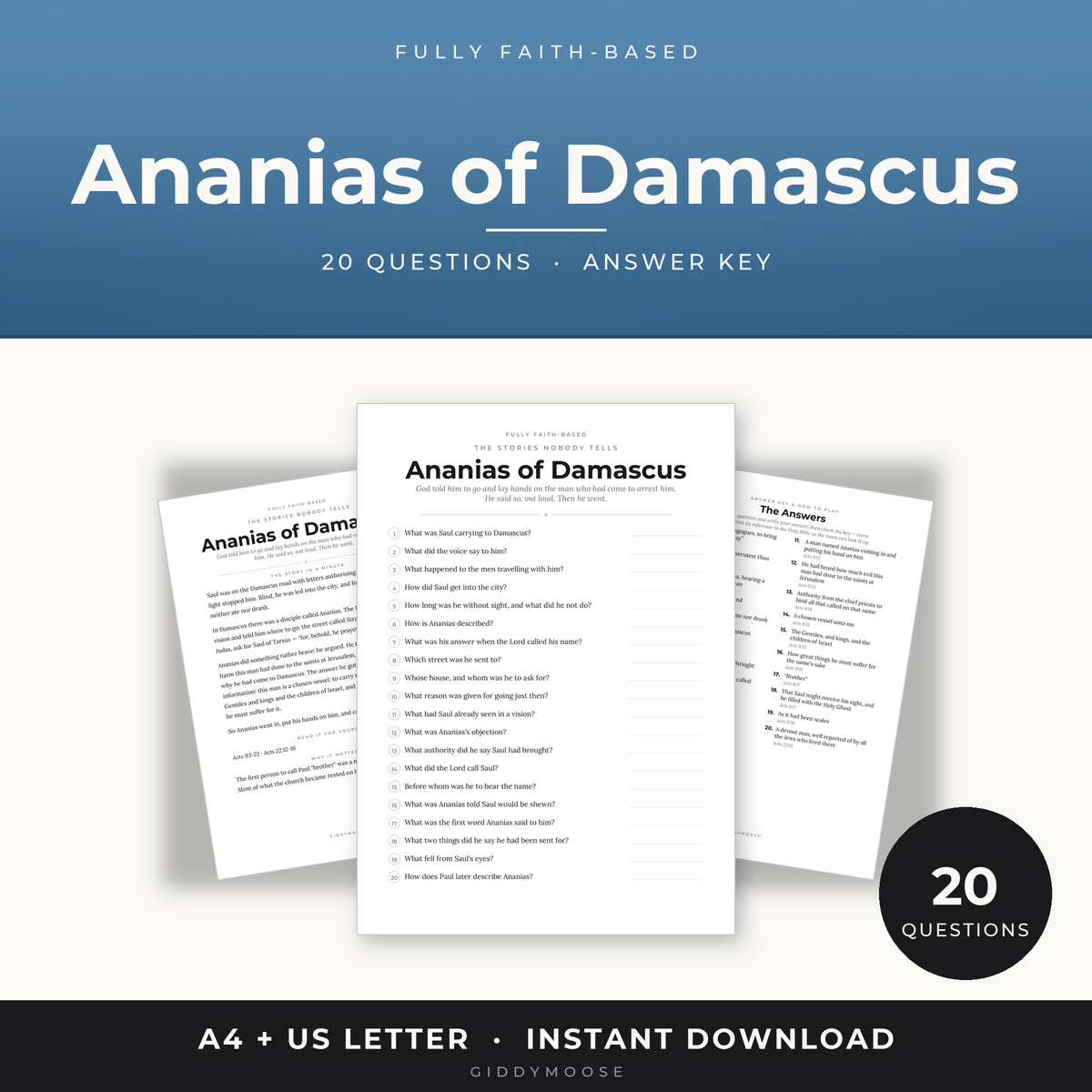 Ananias of Damascus Bible Trivia Printable