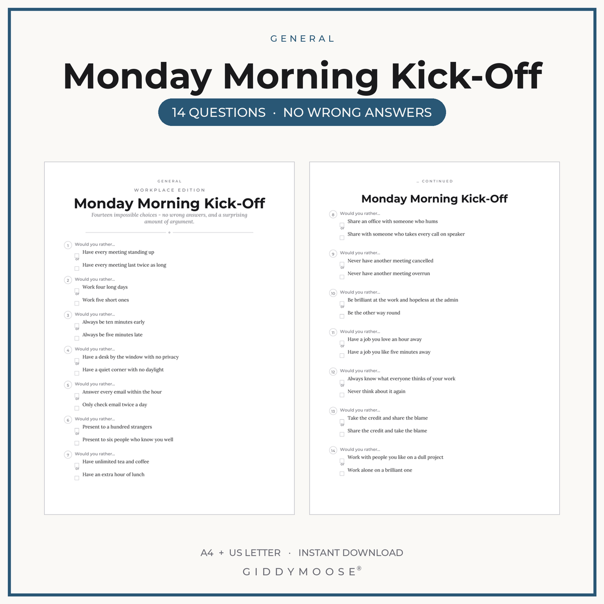 Monday Morning Kick Off Would You Rather Printable