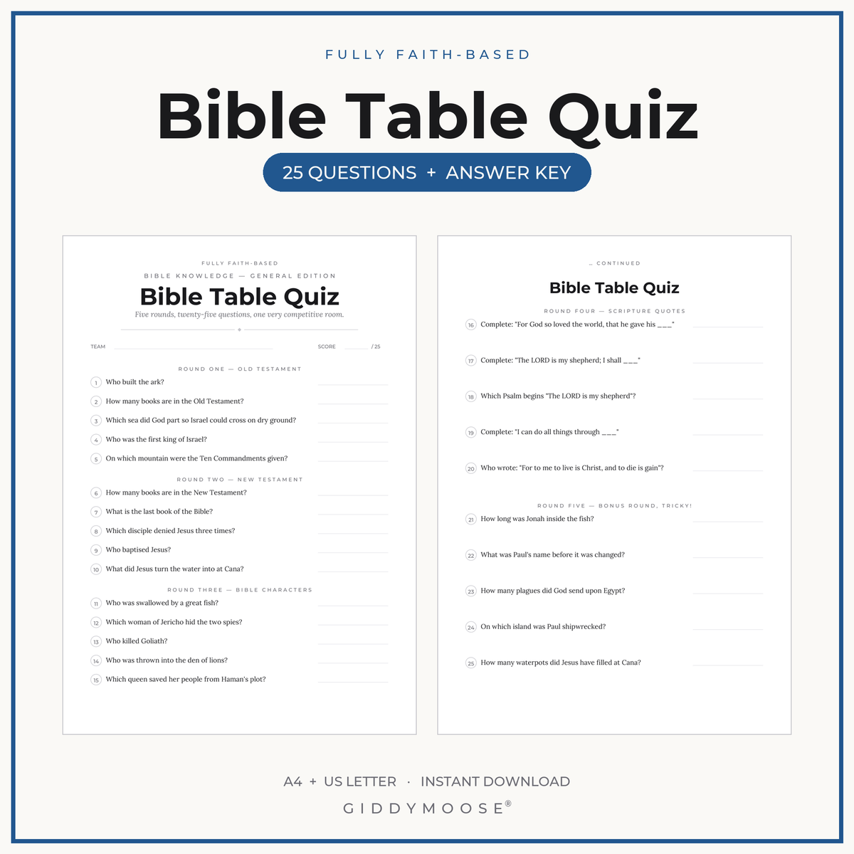Bible Table Quiz Printable