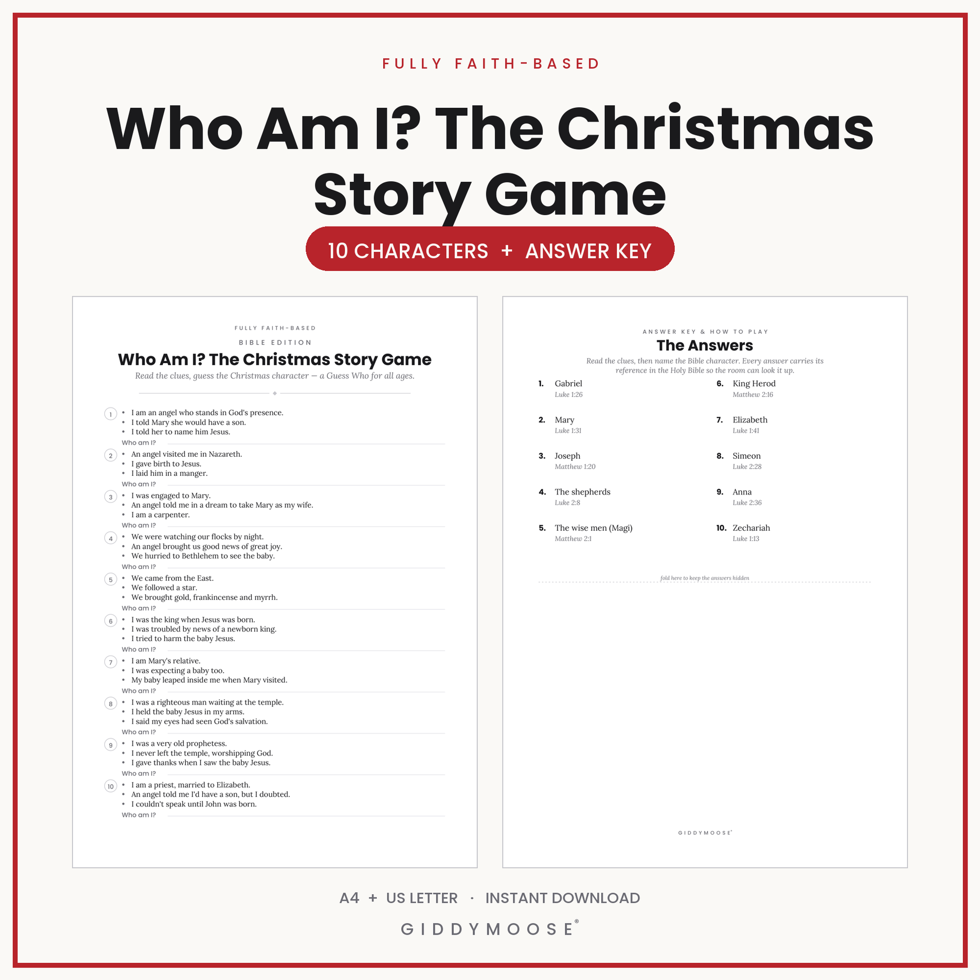 Who Am I Christmas Story Bible Game Printable