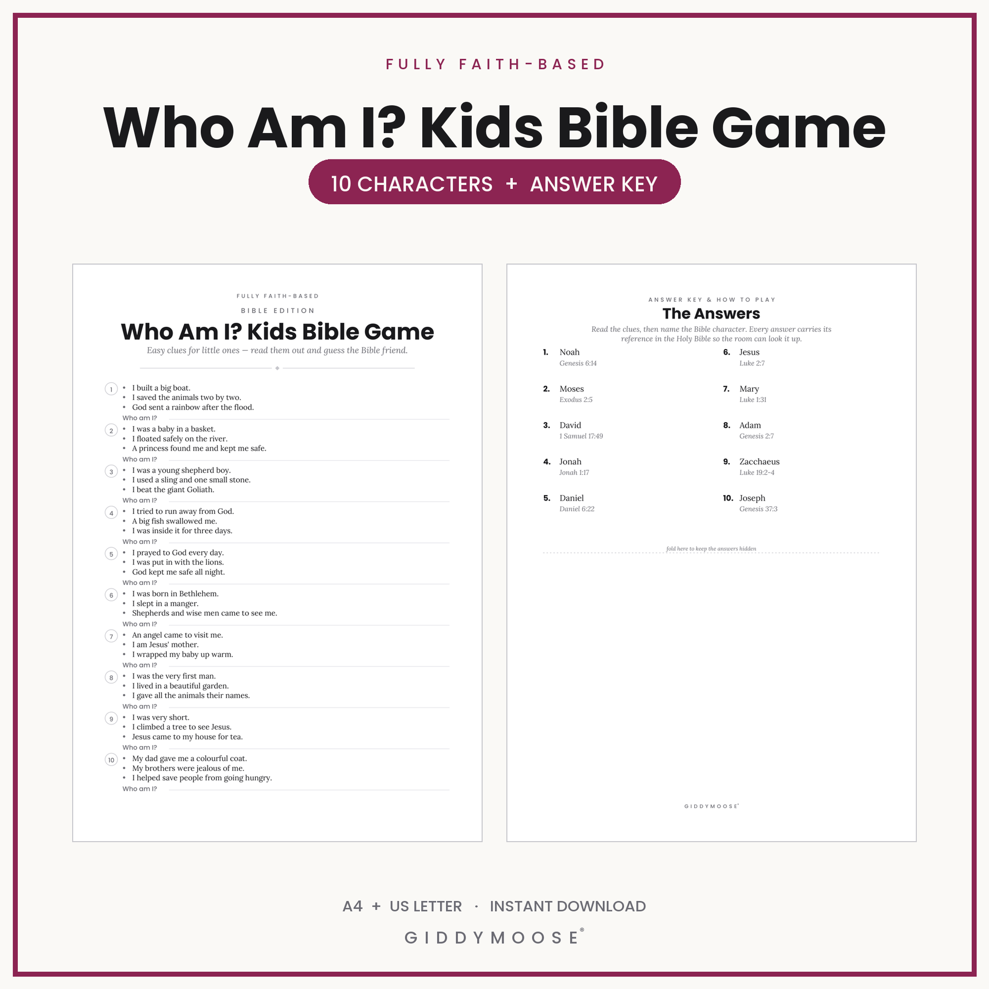 Who Am I Kids Bible Game Printable