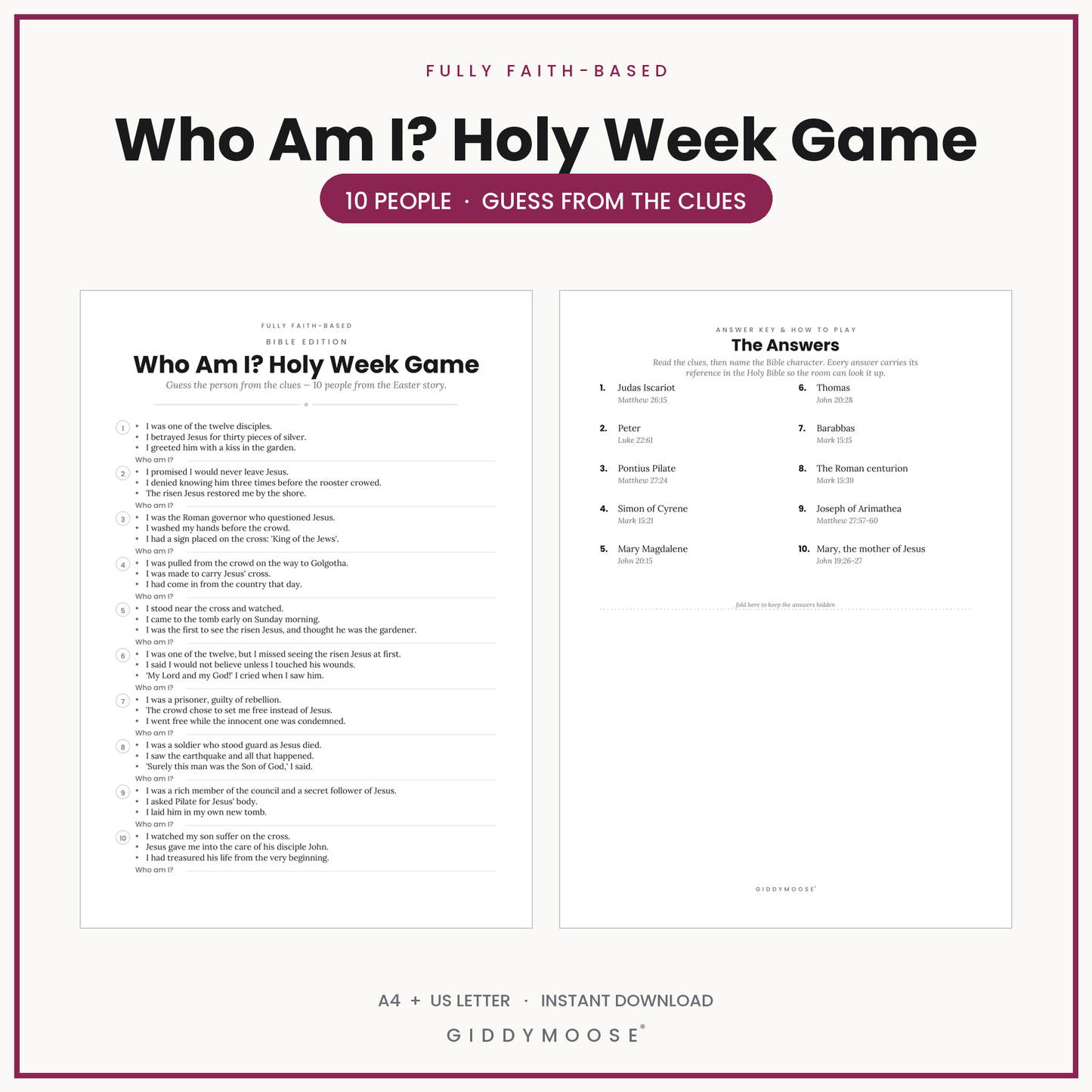 Who Am I Holy Week Game Printable