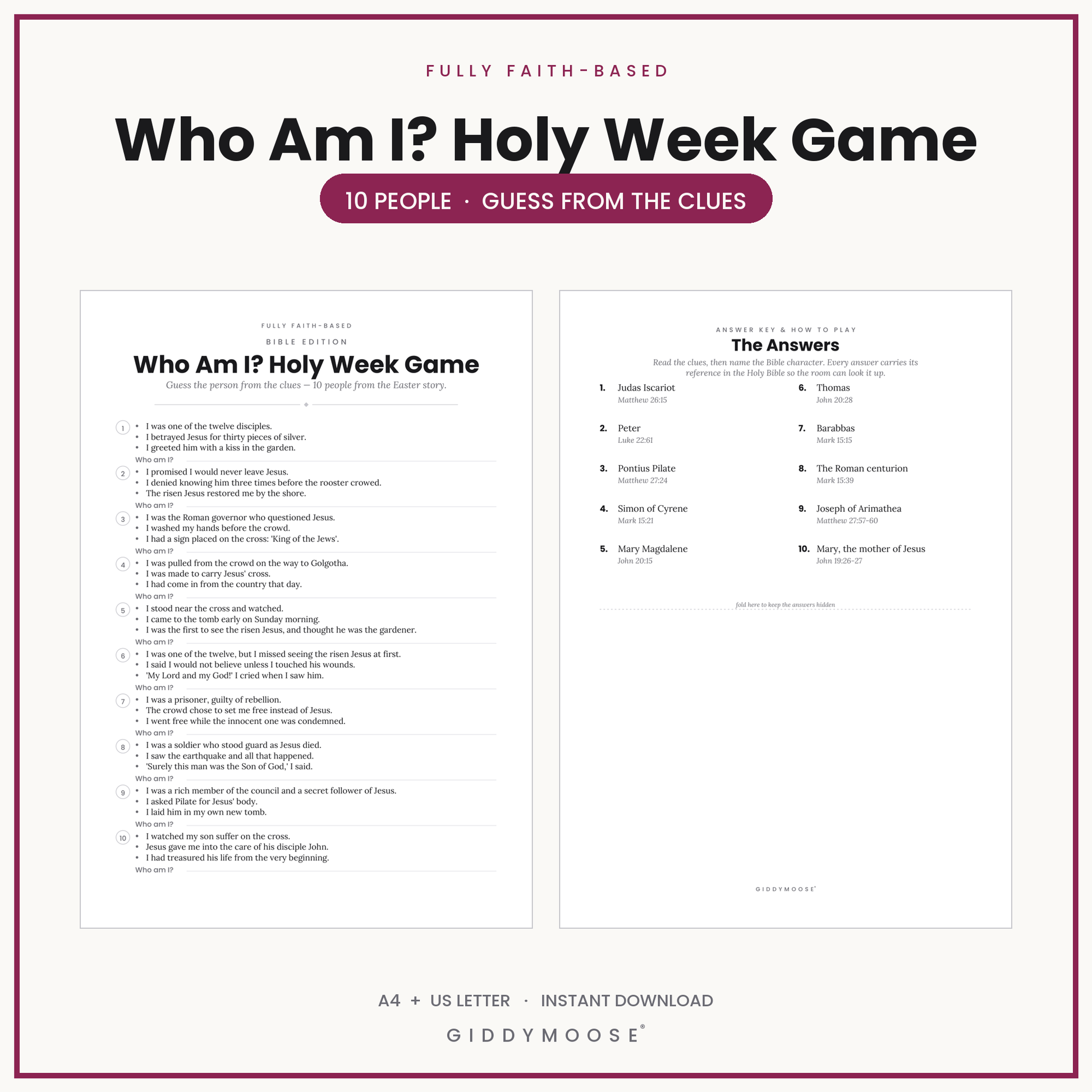 Who Am I Holy Week Game Printable