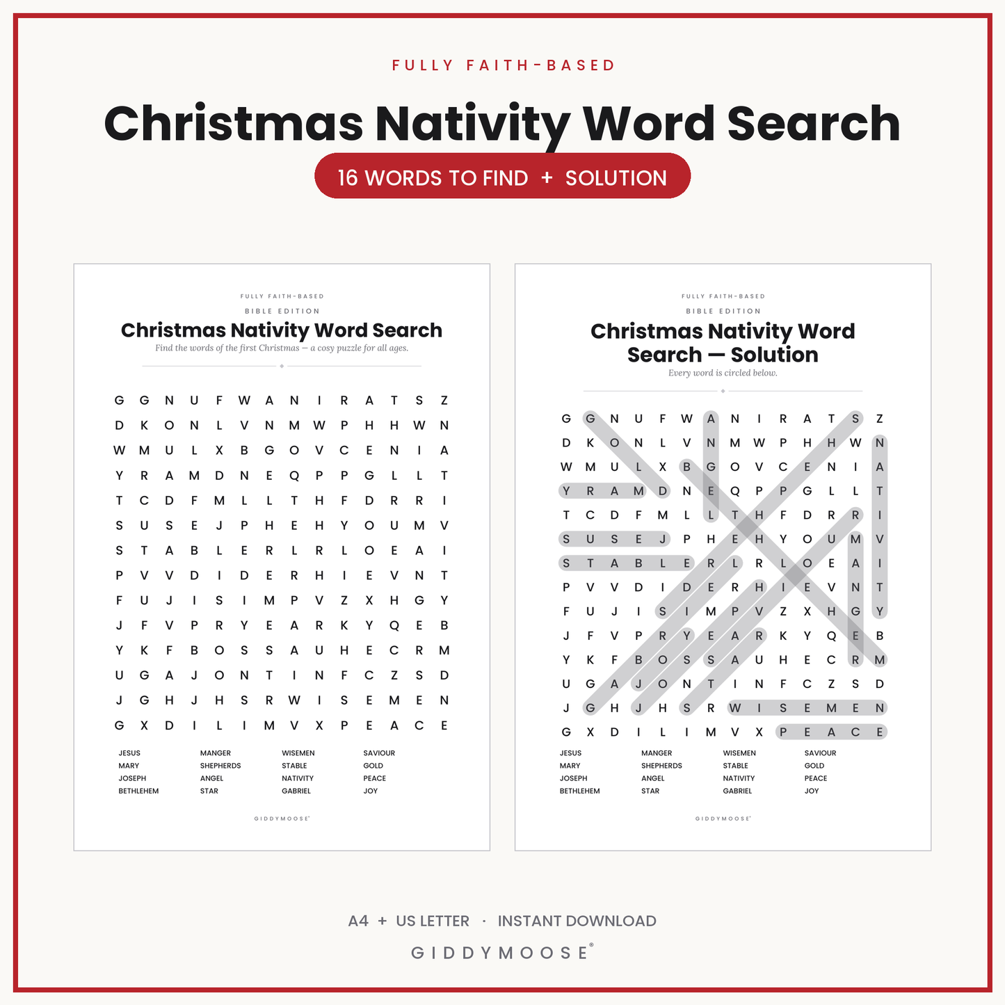 Christmas Nativity Word Search Printable
