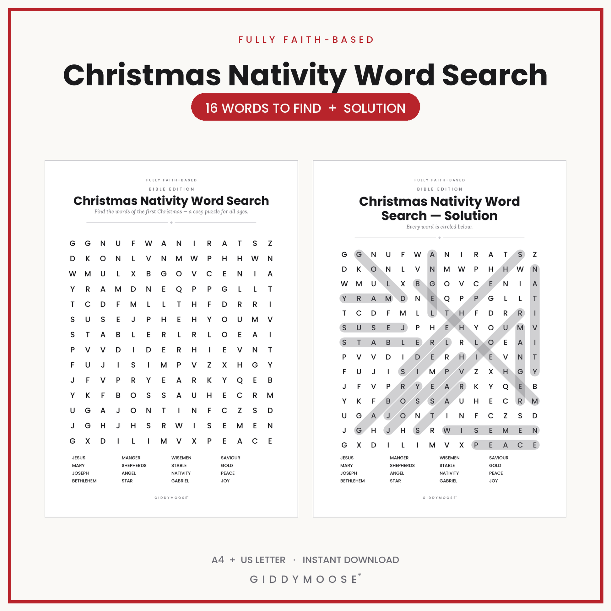 Christmas Nativity Word Search Printable
