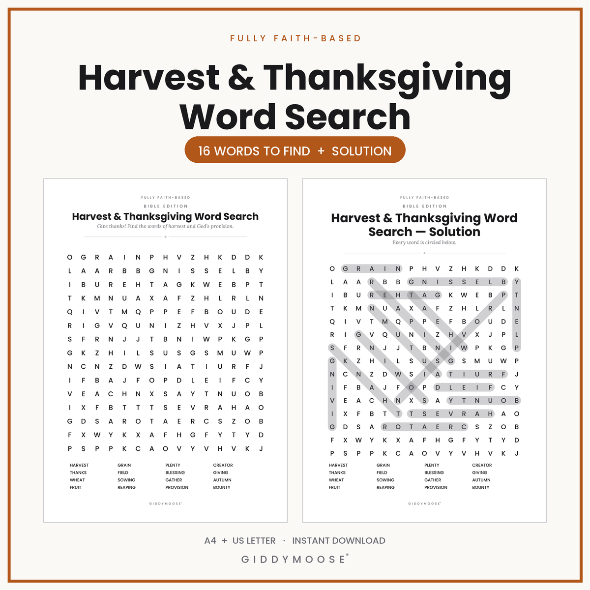 Harvest Thanksgiving Word Search Printable