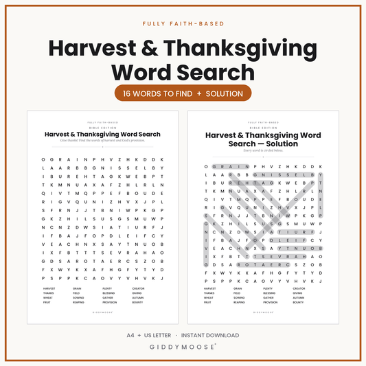 Harvest Thanksgiving Word Search Printable
