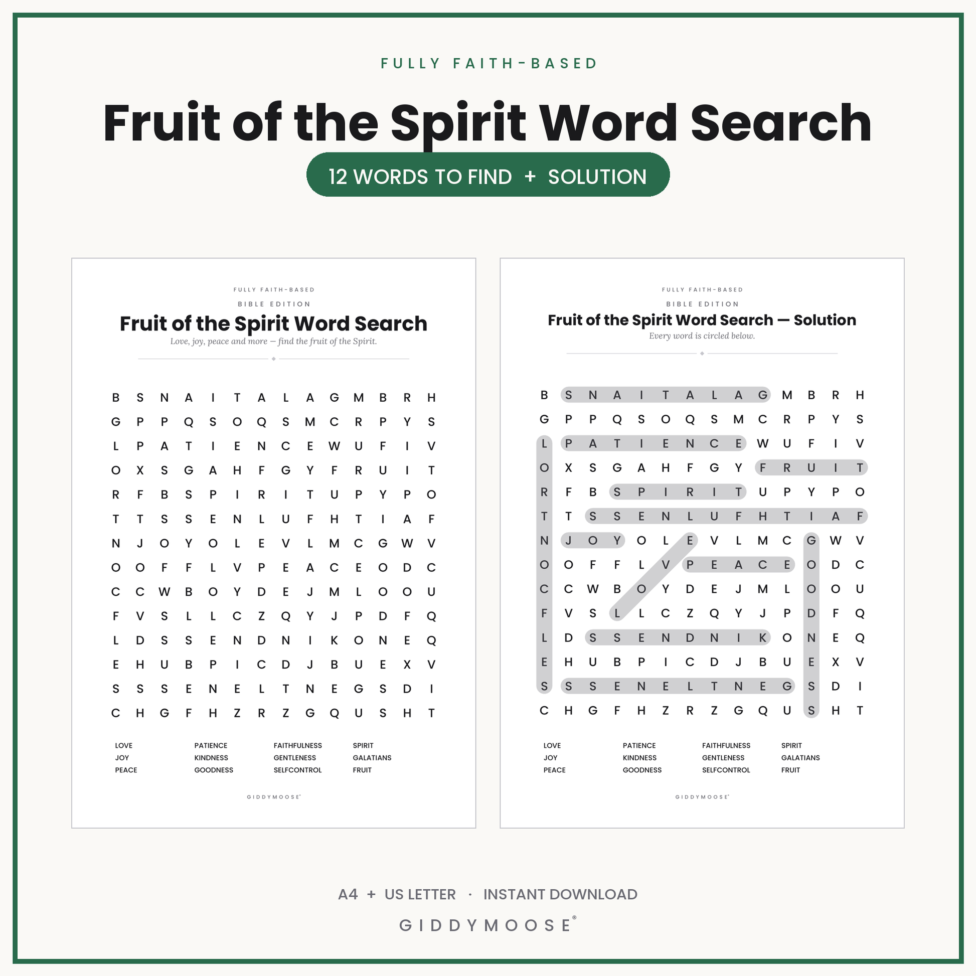 Fruit of the Spirit Word Search Printable