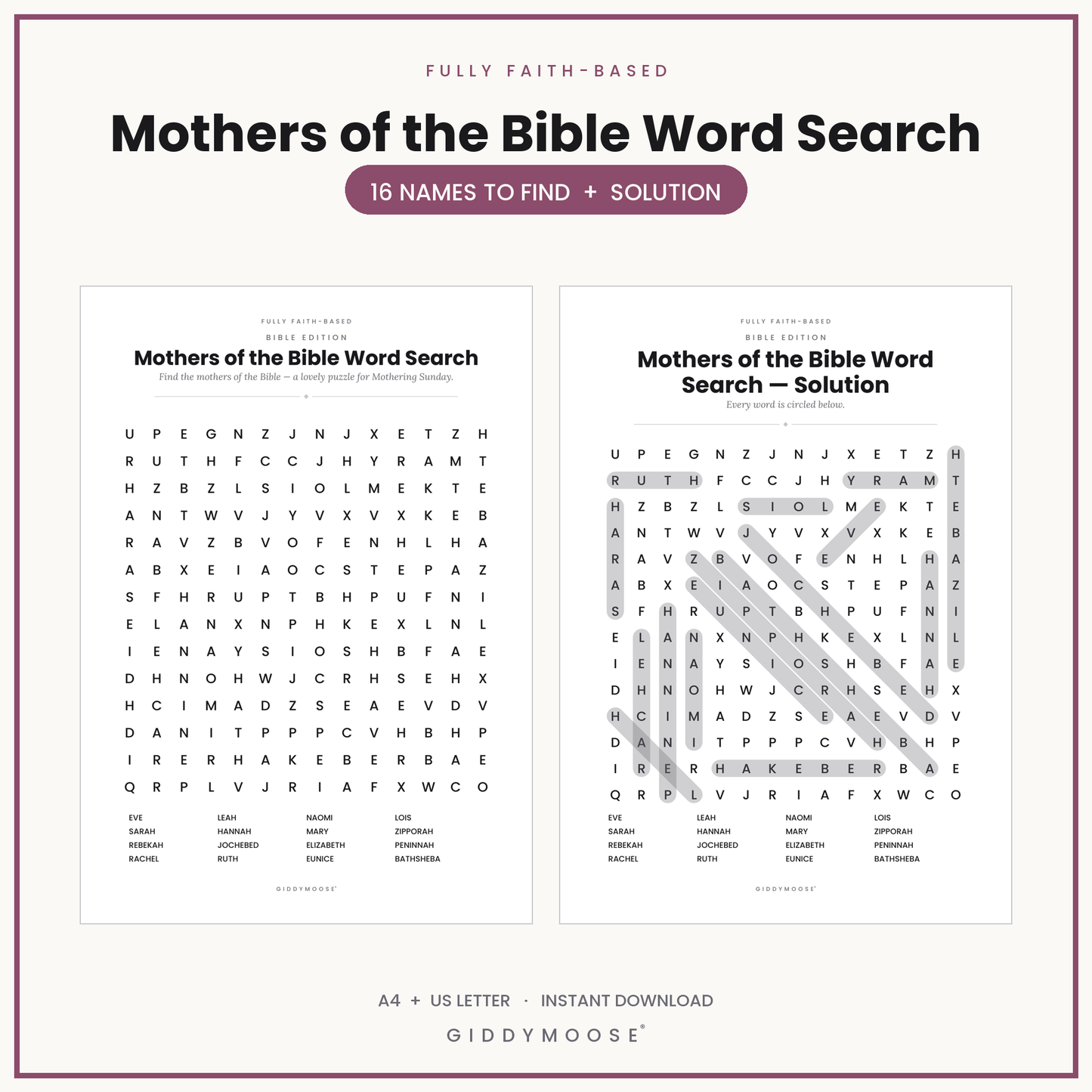 Mothers of the Bible Word Search Printable