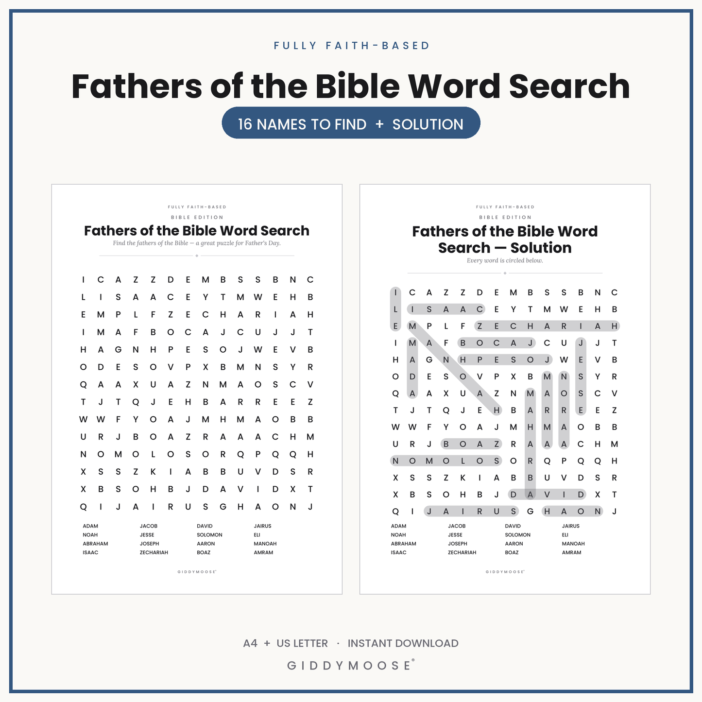 Fathers of the Bible Word Search Printable