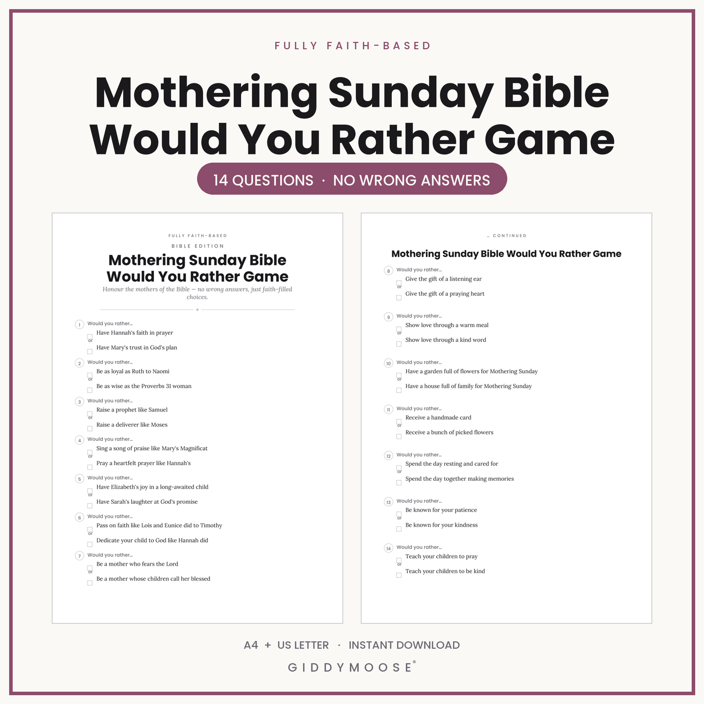 Mothering Sunday Bible Would You Rather Printable