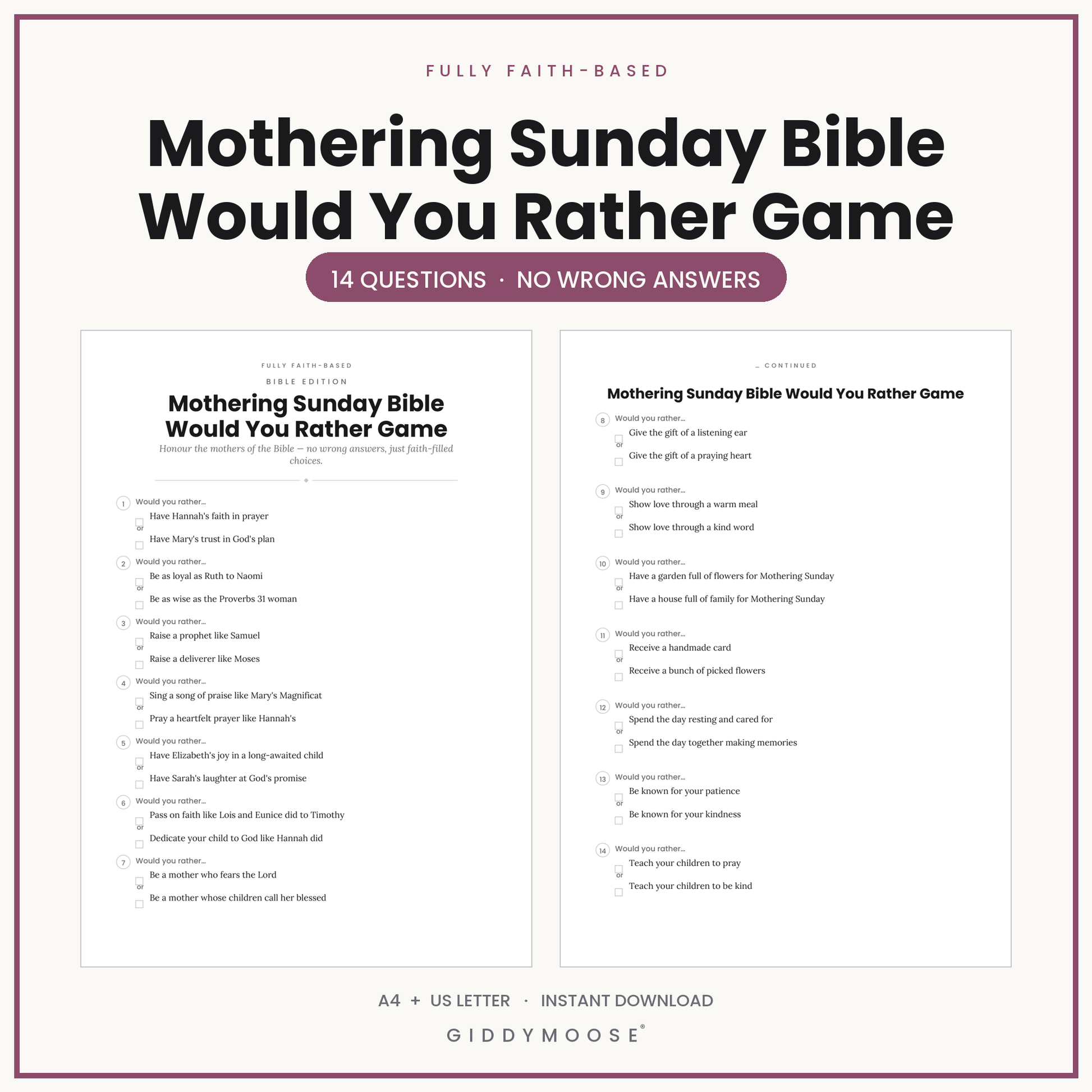 Mothering Sunday Bible Would You Rather Printable