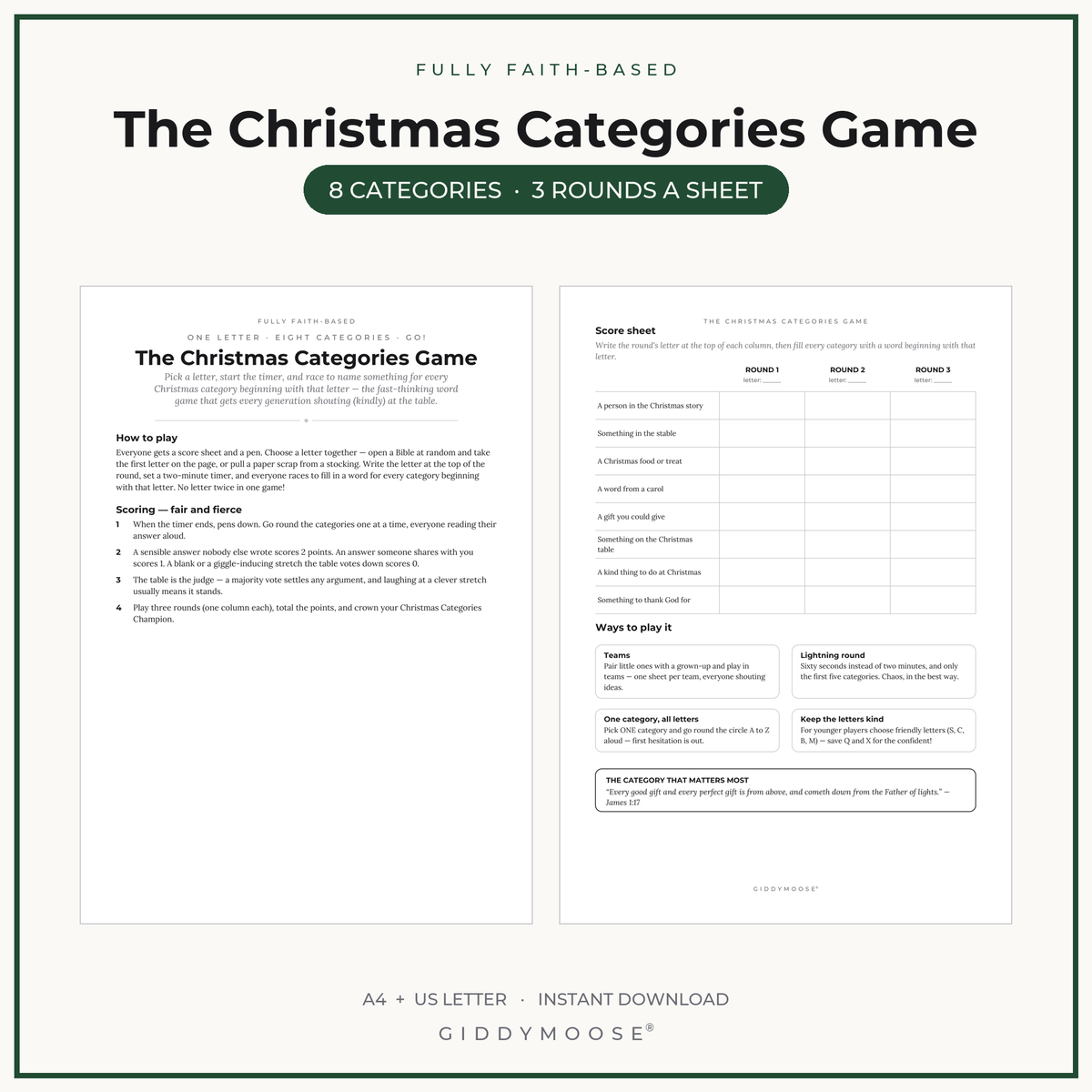 Christmas Categories Game Printable
