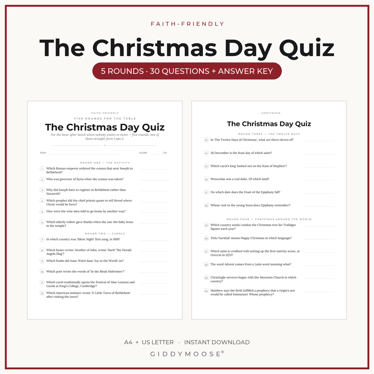 Christmas Day Quiz Printable