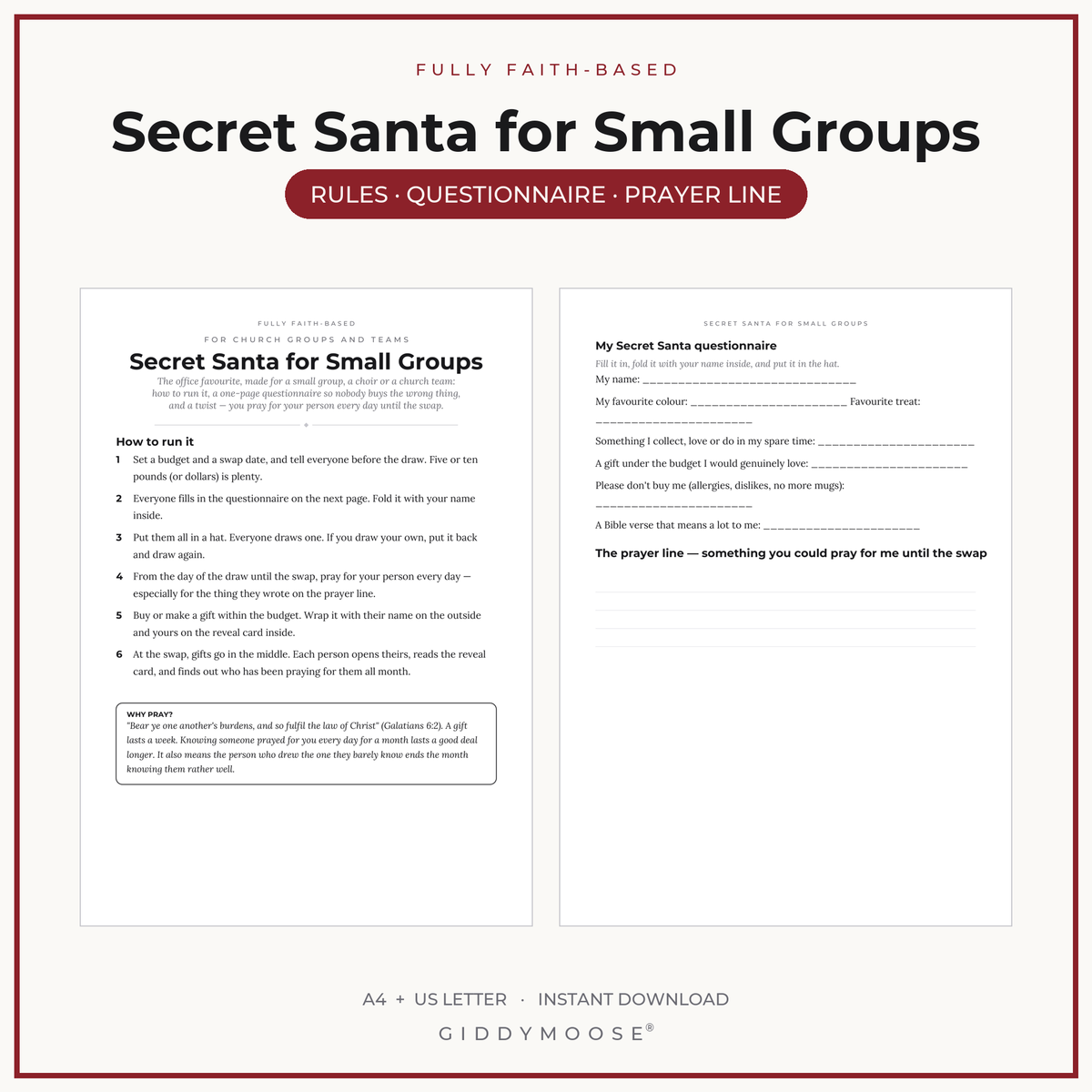 Secret Santa Questionnaire Printable for Church Small Groups