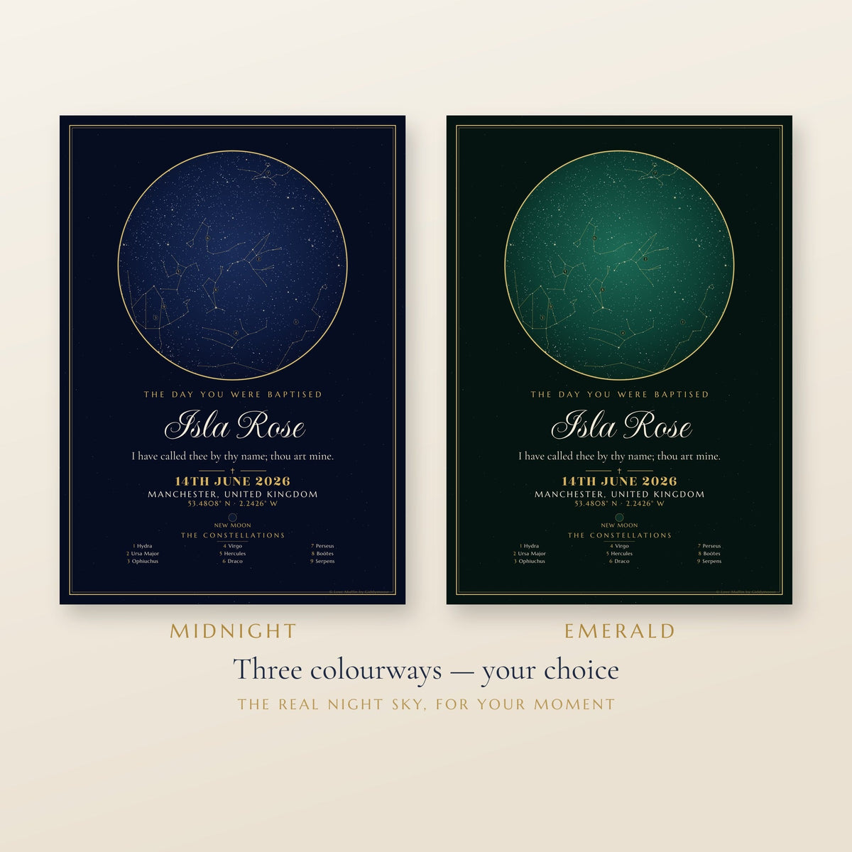 The Day You Were Baptised personalised star map print — custom night sky by date