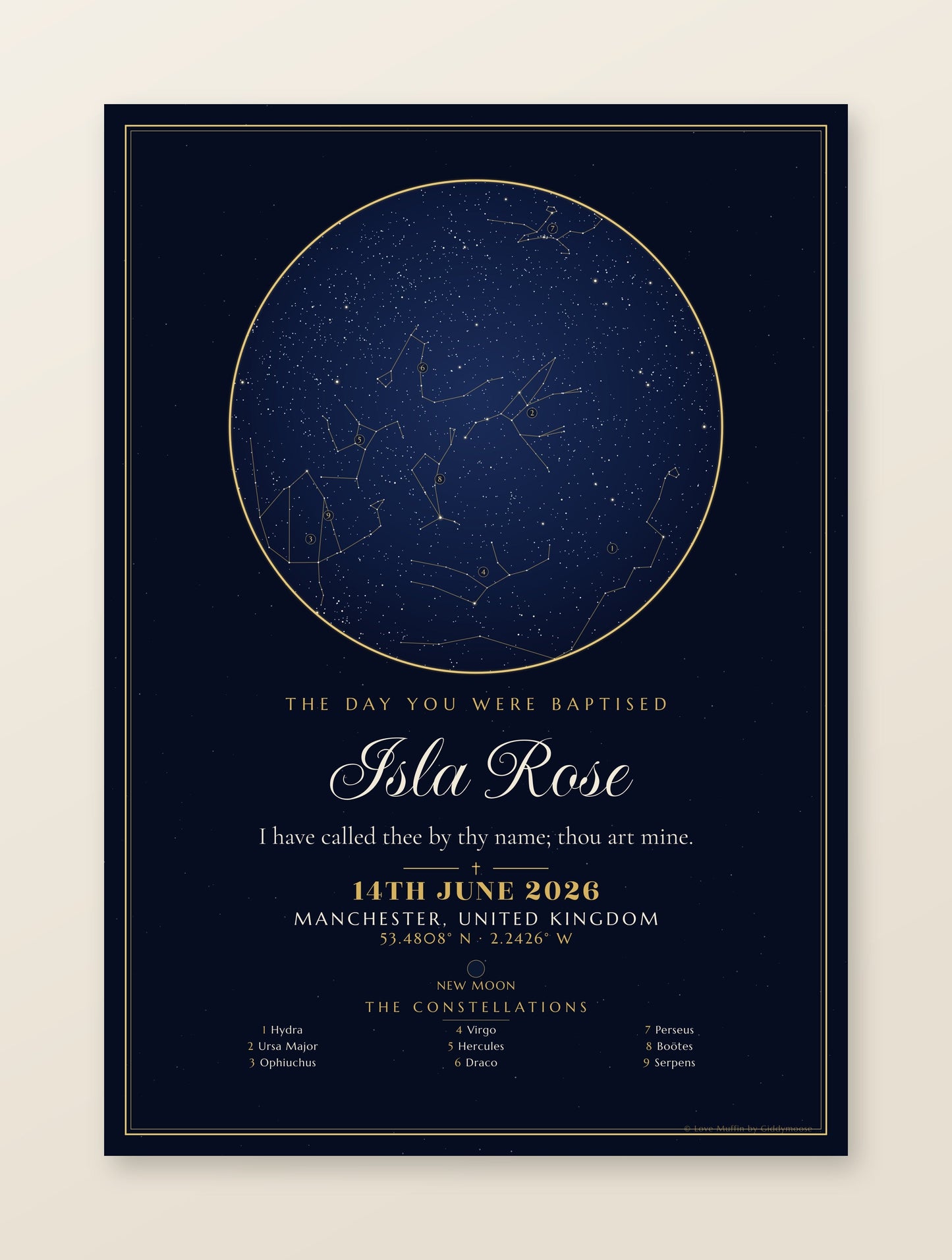 The Day You Were Baptised personalised star map print — custom night sky by date