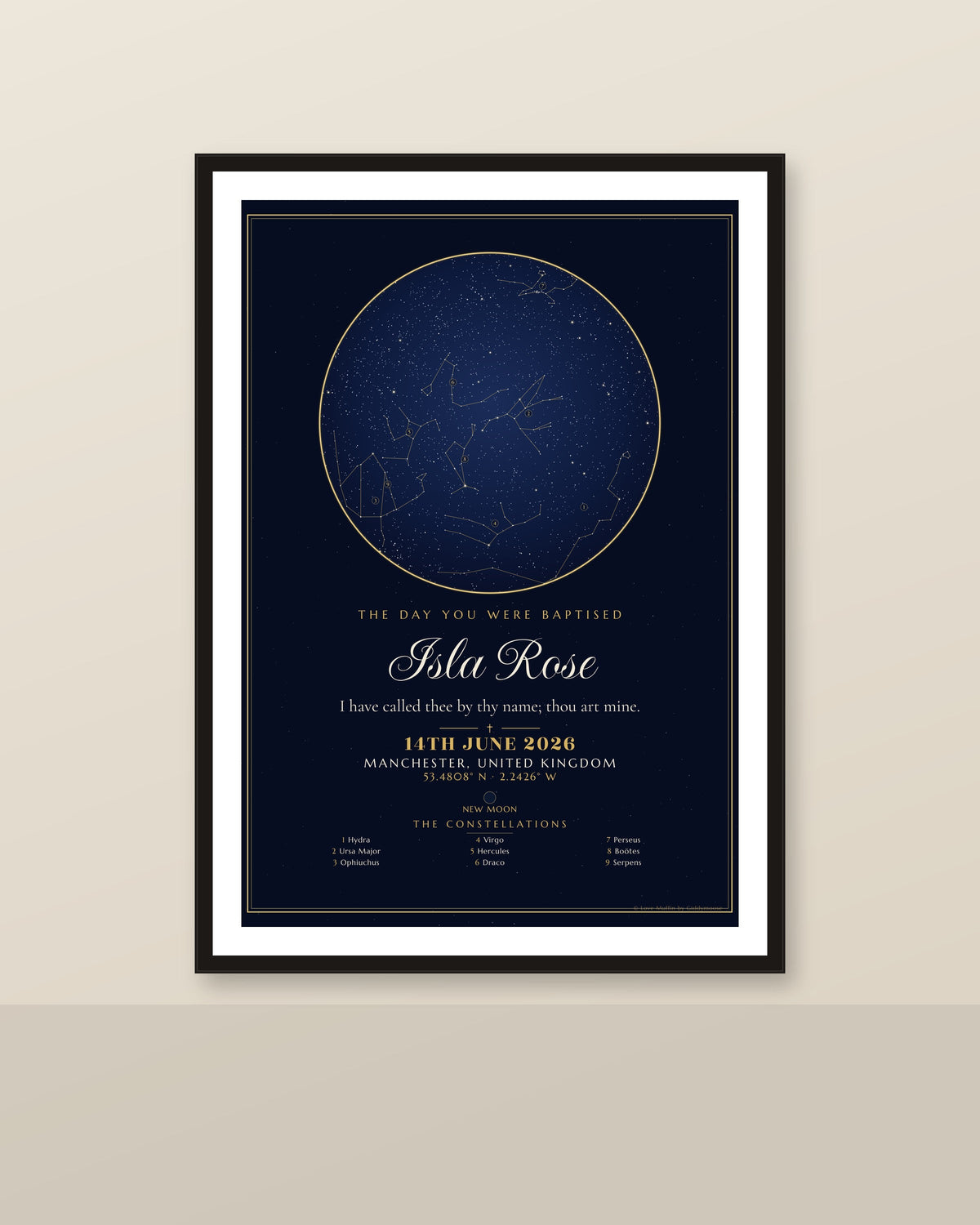 The Day You Were Baptised personalised star map print — custom night sky by date