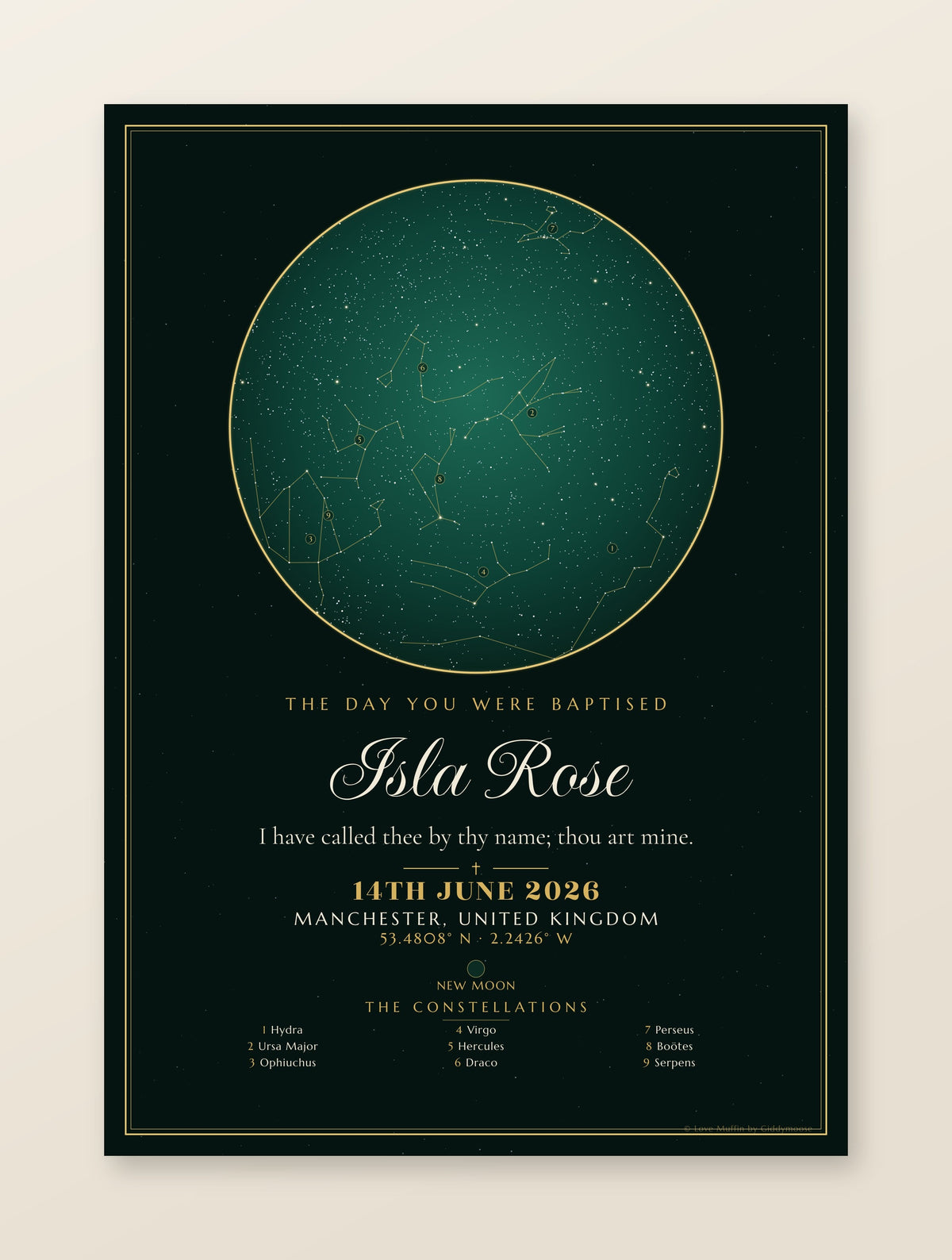 The Day You Were Baptised personalised star map print — custom night sky by date