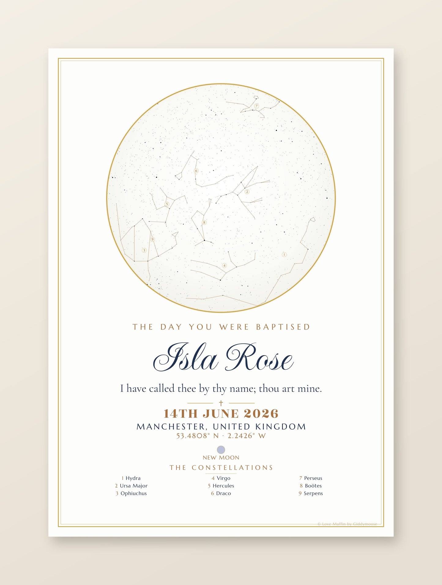 The Day You Were Baptised personalised star map print — custom night sky by date