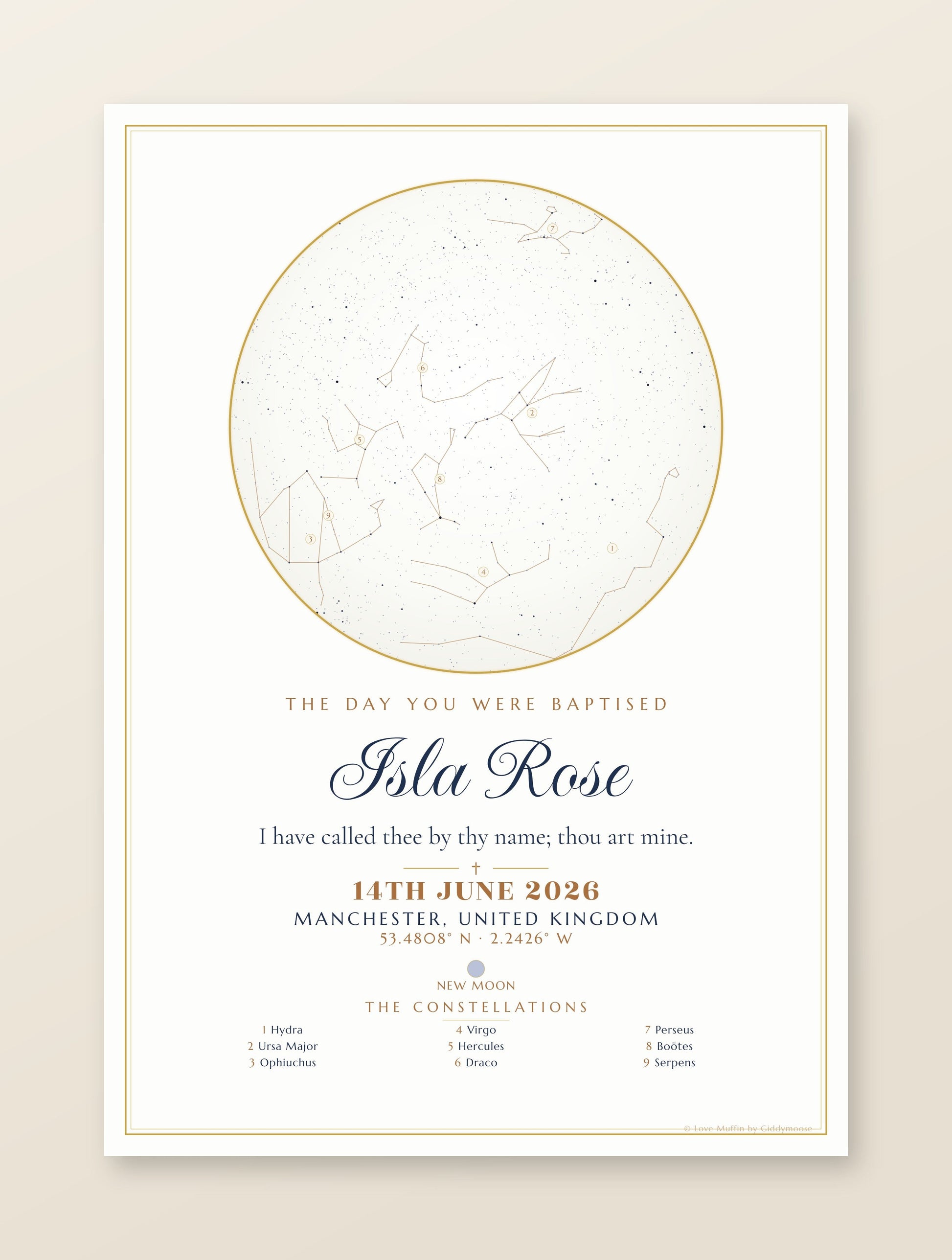 The Day You Were Baptised personalised star map print — custom night sky by date
