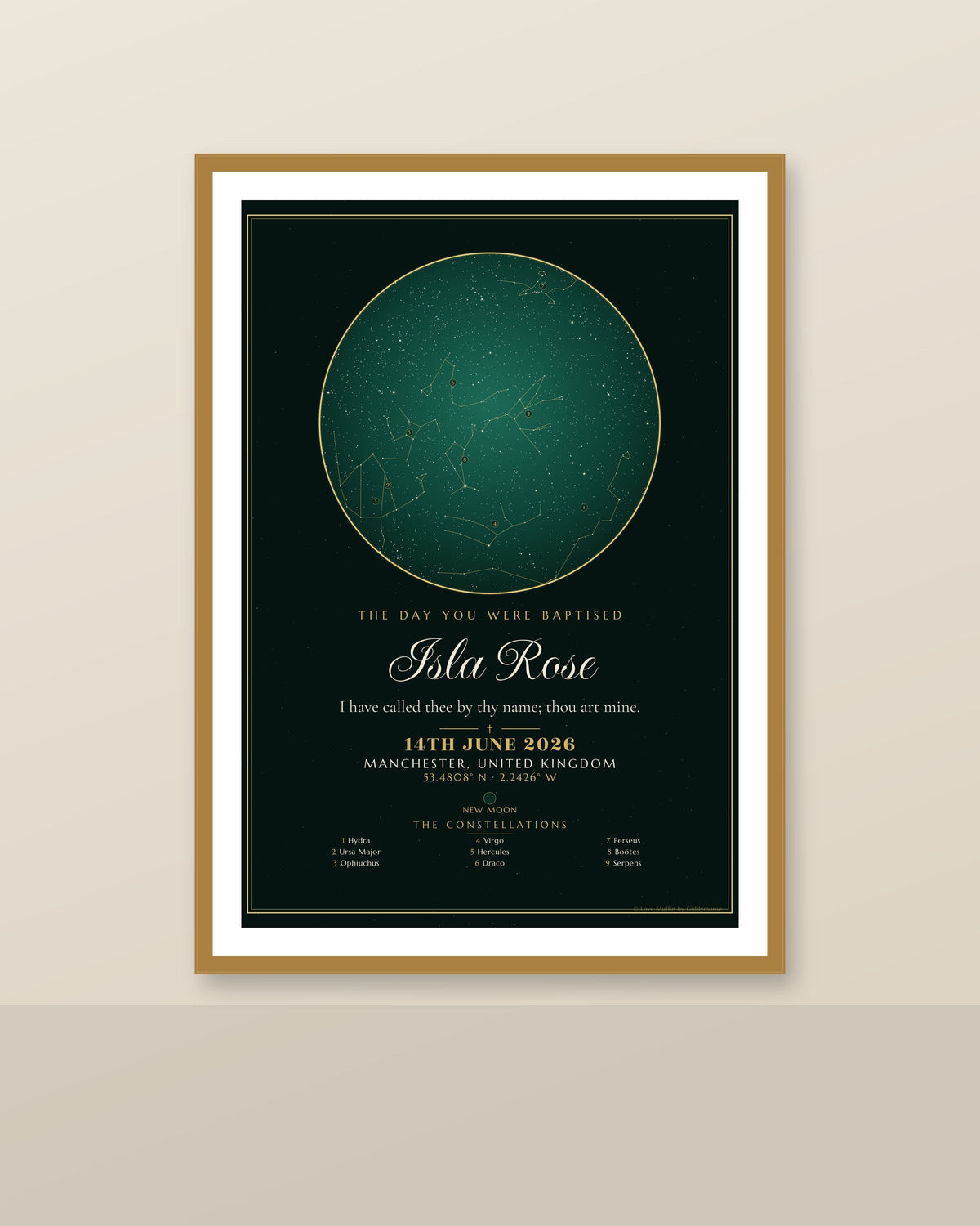The Day You Were Baptised personalised star map print — custom night sky by date
