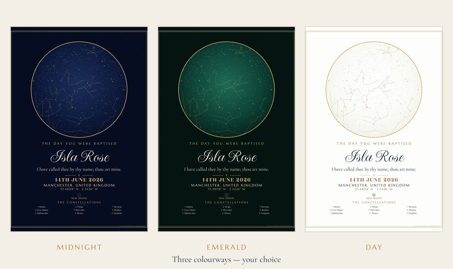 The Day You Were Baptised personalised star map print — custom night sky by date