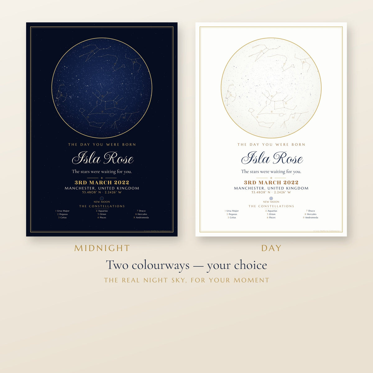 The Day You Were Born personalised star map print — custom night sky by date