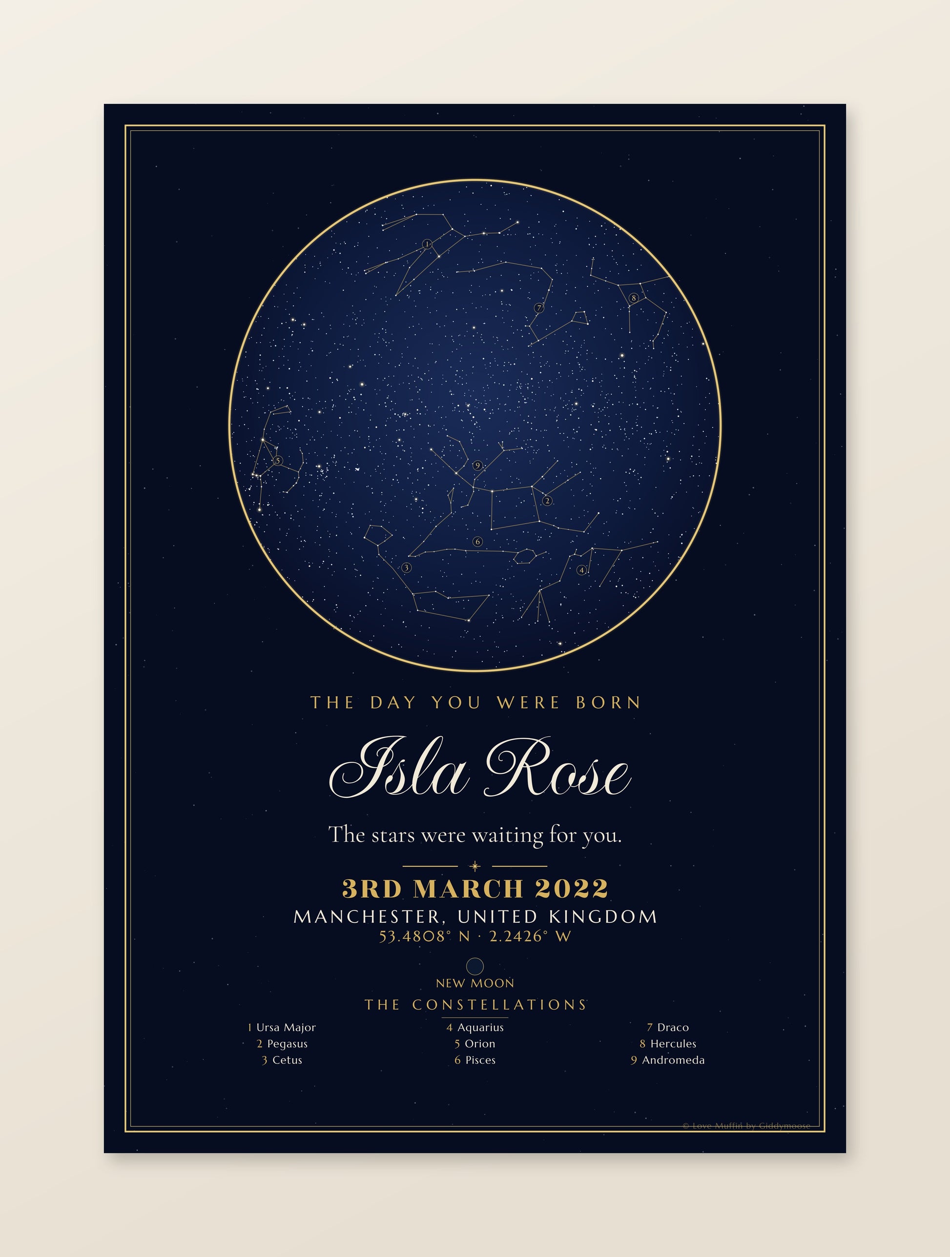 The Day You Were Born personalised star map print — custom night sky by date